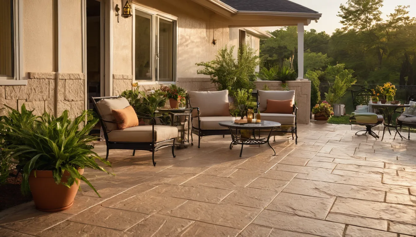 A stamped concrete patio behind a home in San Leandro