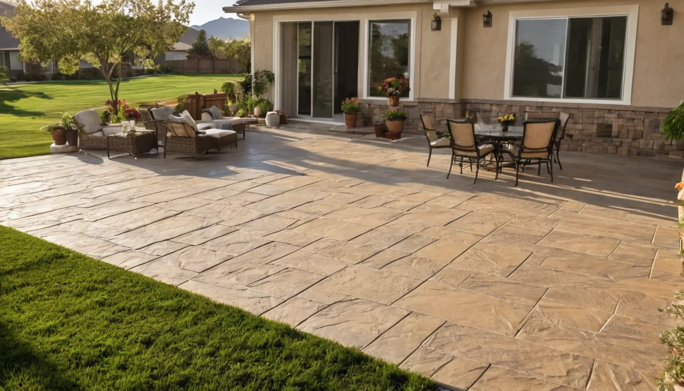 A finished stamped concrete patio with a stone pattern behind a stucco home in San Leandro
